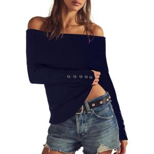 imageDarong Daong Women Off Shoulder Sweaters Long Sleeve Striped Ribbed Knit Going Out Fall Tops Blouse 2025 Fall FashionDark Blue