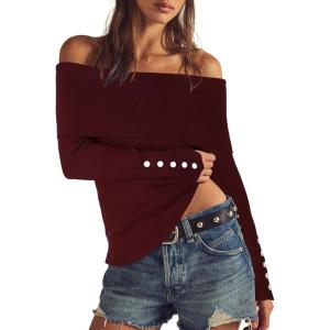 imageDarong Daong Women Off Shoulder Sweaters Long Sleeve Striped Ribbed Knit Going Out Fall Tops Blouse 2025 Fall FashionDeep Wine Red