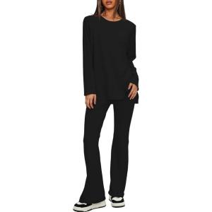 imageDarong Women 2 Piece Set Fall Outfit Cross Waist Flare Pants Long Sleeve Tunic Top Matching Lounge Set Travel OutfitsBlackregular
