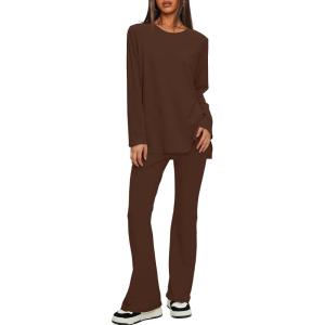 imageDarong Women 2 Piece Set Fall Outfit Cross Waist Flare Pants Long Sleeve Tunic Top Matching Lounge Set Travel OutfitsCoffeeregular