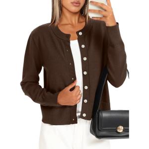 imageDarong Womens Lightweight Button Down Cardigan Long Sleeve Casual Crew Neck Soft Knit Outfits Sweater TopsDeep Brown