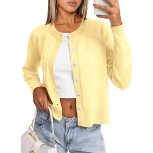 imageDarong Womens Lightweight Button Down Cardigan Long Sleeve Casual Crew Neck Soft Knit Outfits Sweater TopsLight Yellow
