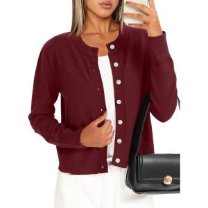 imageDarong Womens Lightweight Button Down Cardigan Long Sleeve Casual Crew Neck Soft Knit Outfits Sweater TopsWine Red