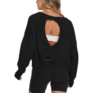 imageDarong Womens Open Back Workout Top Oversized Athletic Shirt Long Sleeve Crop Top with Thumb HolesBlack