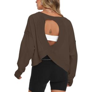 imageDarong Womens Open Back Workout Top Oversized Athletic Shirt Long Sleeve Crop Top with Thumb HolesBrown