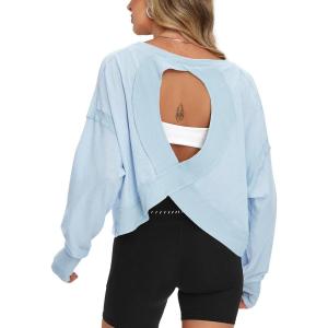imageDarong Womens Open Back Workout Top Oversized Athletic Shirt Long Sleeve Crop Top with Thumb HolesLight Blue
