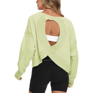 imageDarong Womens Open Back Workout Top Oversized Athletic Shirt Long Sleeve Crop Top with Thumb HolesLight Green