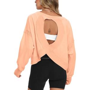 imageDarong Womens Open Back Workout Top Oversized Athletic Shirt Long Sleeve Crop Top with Thumb HolesLight Orange
