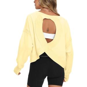 imageDarong Womens Open Back Workout Top Oversized Athletic Shirt Long Sleeve Crop Top with Thumb HolesLight Yellow