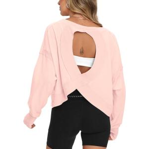 imageDarong Womens Open Back Workout Top Oversized Athletic Shirt Long Sleeve Crop Top with Thumb HolesPink