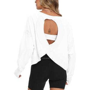 imageDarong Womens Open Back Workout Top Oversized Athletic Shirt Long Sleeve Crop Top with Thumb HolesWhite
