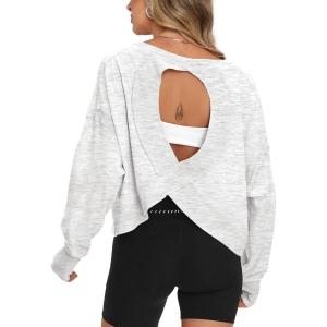 imageDarong Womens Open Back Workout Top Oversized Athletic Shirt Long Sleeve Crop Top with Thumb HolesWhite Grey