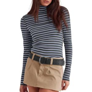 imageDarong Womens Striped Turtleneck Shirt Long Sleeve Undershirts Ribbed Slim Fit Top Fitted Basic TeesBluecoffee Stripe