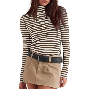 imageDarong Womens Striped Turtleneck Shirt Long Sleeve Undershirts Ribbed Slim Fit Top Fitted Basic TeesCoffeebeige Stripe