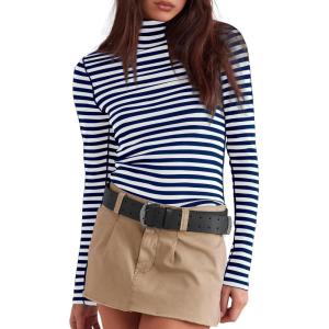 imageDarong Womens Striped Turtleneck Shirt Long Sleeve Undershirts Ribbed Slim Fit Top Fitted Basic TeesDark Blue Stripe