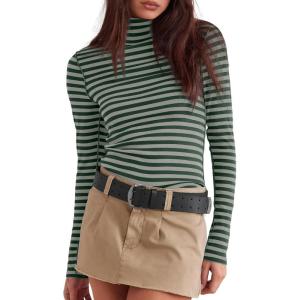 imageDarong Womens Striped Turtleneck Shirt Long Sleeve Undershirts Ribbed Slim Fit Top Fitted Basic TeesGreen Stripe