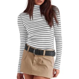 imageDarong Womens Striped Turtleneck Shirt Long Sleeve Undershirts Ribbed Slim Fit Top Fitted Basic TeesLight Greywhite Stripe