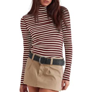 imageDarong Womens Striped Turtleneck Shirt Long Sleeve Undershirts Ribbed Slim Fit Top Fitted Basic TeesWine Red Stripe