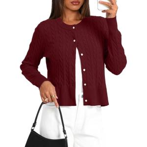 imageDarong Womens Cable Knit Long Sleeve Outfits Crewneck Button Down Open Front Cardigan Sweater Trendy OuterwearWine Red