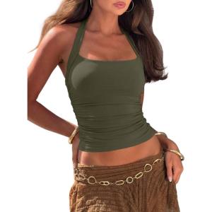 imageDarong Womens Padded Halter Tank Tops Double Lined Backless Y2K Shirts 2026 Trendy Going Out TopArmy Green