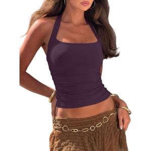 imageDarong Womens Padded Halter Tank Tops Double Lined Backless Y2K Shirts 2026 Trendy Going Out TopDark Purple