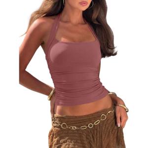 imageDarong Womens Padded Halter Tank Tops Double Lined Backless Y2K Shirts 2026 Trendy Going Out TopMerlot Red