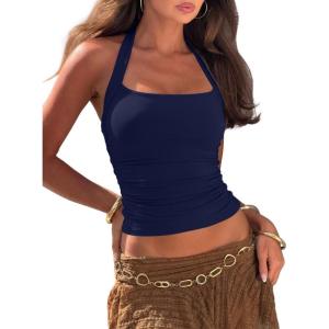 imageDarong Womens Padded Halter Tank Tops Double Lined Backless Y2K Shirts 2026 Trendy Going Out TopNavy Blue