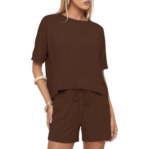imageDarong Womens 2 Piece Lounge Sets Summer Matching Outfits Short Sleeve Tops Drawstring Shorts LoungerwearCoffee
