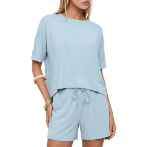imageDarong Womens 2 Piece Lounge Sets Summer Matching Outfits Short Sleeve Tops Drawstring Shorts LoungerwearLight Blue