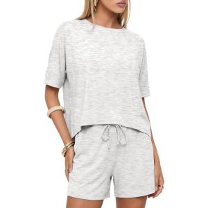 imageDarong Womens 2 Piece Lounge Sets Summer Matching Outfits Short Sleeve Tops Drawstring Shorts LoungerwearWhite Grey