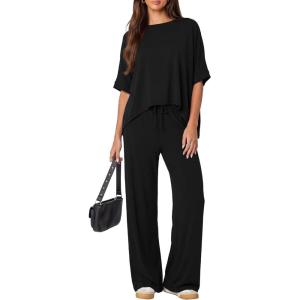 image:imageDarong Womens 2 Piece Outfits Matching Lounge Sets Short Sleeve Pullover Tops High Waisted Wide Leg Pants Tracksuit SetsBlack