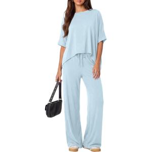 image:imageDarong Womens 2 Piece Outfits Matching Lounge Sets Short Sleeve Pullover Tops High Waisted Wide Leg Pants Tracksuit SetsBlue