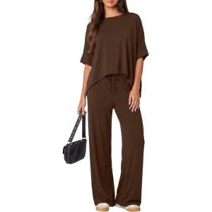 image:imageDarong Womens 2 Piece Outfits Matching Lounge Sets Short Sleeve Pullover Tops High Waisted Wide Leg Pants Tracksuit SetsCoffee