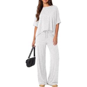 image:imageDarong Womens 2 Piece Outfits Matching Lounge Sets Short Sleeve Pullover Tops High Waisted Wide Leg Pants Tracksuit SetsWhite Grey