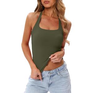 image:imageDarong Womens Halter Tank Tops with Built in Bra Double Lined Y2K Backless Slim Fitted Shirts Trendy Going Out CamisoleArmy Green