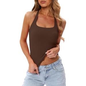 image:imageDarong Womens Halter Tank Tops with Built in Bra Double Lined Y2K Backless Slim Fitted Shirts Trendy Going Out CamisoleCoffee