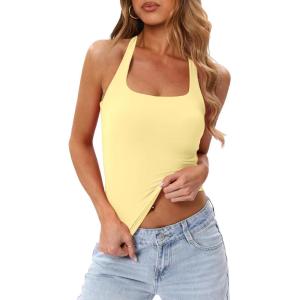 image:imageDarong Womens Halter Tank Tops with Built in Bra Double Lined Y2K Backless Slim Fitted Shirts Trendy Going Out CamisoleLight Yellow