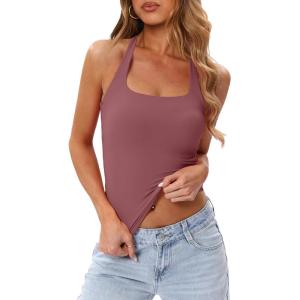 image:imageDarong Womens Halter Tank Tops with Built in Bra Double Lined Y2K Backless Slim Fitted Shirts Trendy Going Out CamisoleMerlot Red