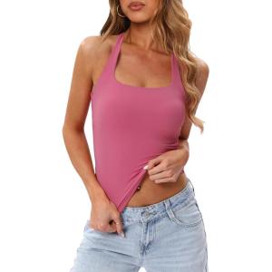 image:imageDarong Womens Halter Tank Tops with Built in Bra Double Lined Y2K Backless Slim Fitted Shirts Trendy Going Out CamisoleRaspberry Pink