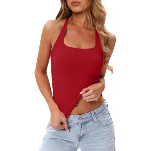 image:imageDarong Womens Halter Tank Tops with Built in Bra Double Lined Y2K Backless Slim Fitted Shirts Trendy Going Out CamisoleRed