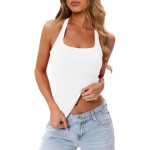 image:imageDarong Womens Halter Tank Tops with Built in Bra Double Lined Y2K Backless Slim Fitted Shirts Trendy Going Out CamisoleWhite