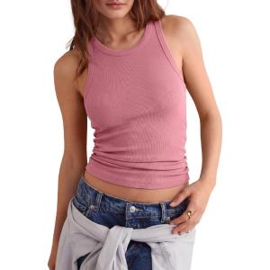 image:imageDarong Womens Racerback Crew Neck Tank Tops with Built in Bra Ribbed Slim Fitted Camisole Basic Tee Summer Clothes 2026Raspberry Pink