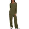 image:imageDarong Womens 2 Piece Lounge Set Casual Long Sleeve Crew Neck Tops Wide Leg Pants Travel Airport Outfit Matching SetsArmy Greenregular