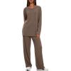 image:imageDarong Womens 2 Piece Lounge Set Casual Long Sleeve Crew Neck Tops Wide Leg Pants Travel Airport Outfit Matching SetsKhakiregular