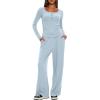 image:imageDarong Womens 2 Piece Matching Lounge Sets 2026 Long Sleeve Henley Shirts Wide Leg Pants Airport Travel OutfitsLight Blue