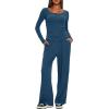 image:imageDarong Womens 2 Piece Matching Lounge Sets 2026 Long Sleeve Henley Shirts Wide Leg Pants Airport Travel OutfitsPeacock Blue