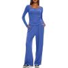 image:imageDarong Womens 2 Piece Matching Lounge Sets 2026 Long Sleeve Henley Shirts Wide Leg Pants Airport Travel OutfitsSea Blue