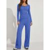 image:imageDarong Womens 2 Piece Matching Lounge Sets 2026 Long Sleeve Henley Shirts Wide Leg Pants Airport Travel OutfitsSea Blue