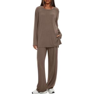 image:imageDarong Womens 2 Piece Lounge Set Casual Long Sleeve Crew Neck Tops Wide Leg Pants Travel Airport Outfit Matching SetsKhakiregular