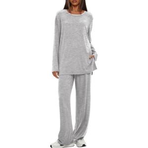 image:imageDarong Womens 2 Piece Lounge Set Casual Long Sleeve Crew Neck Tops Wide Leg Pants Travel Airport Outfit Matching SetsLight Greyregular